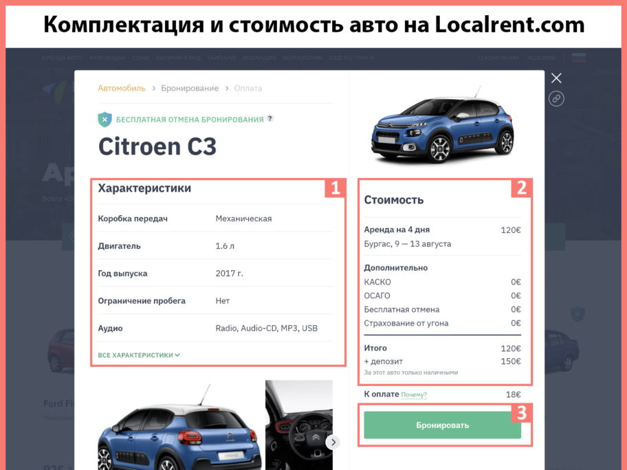 Комплектация автомобиля для аренды в Болгарии